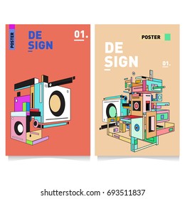 Flat color covers set. Abstract colorful geometric 3d with typography design template. Trendy poster design and colorful theme. 
