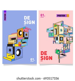 Flat color covers set. Abstract colorful geometric 3d with typography design template. Trendy poster design and colorful theme. 