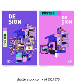Flat color covers set. Abstract colorful geometric 3d with typography design template. Trendy poster design and colorful theme. 