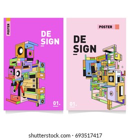 Flat color covers set. Abstract colorful geometric 3d with typography design template. Trendy poster design and colorful theme. 