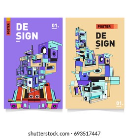 Flat color covers set. Abstract colorful geometric 3d with typography design template. Trendy poster design and colorful theme. 