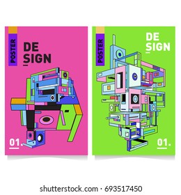 Flat color covers set. Abstract colorful geometric 3d with typography design template. Trendy poster design and colorful theme. 