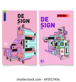 Flat color covers set. Abstract colorful geometric 3d with typography design template. Trendy poster design and colorful theme. 