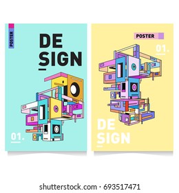 Flat color covers set. Abstract colorful geometric 3d with typography design template. Trendy poster design and colorful theme. 