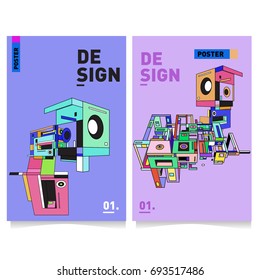 Flat color covers set. Abstract colorful geometric 3d with typography design template. Trendy poster design and colorful theme. 