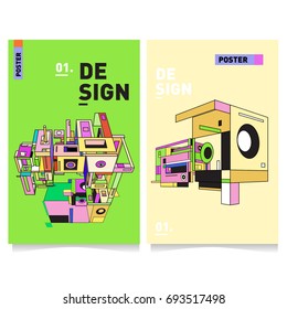 Flat color covers set. Abstract colorful geometric 3d with typography design template. Trendy poster design and colorful theme. 