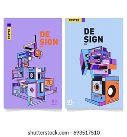 Flat color covers set. Abstract colorful geometric 3d with typography design template. Trendy poster design and colorful theme. 