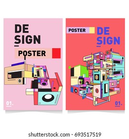 Flat color covers set. Abstract colorful geometric 3d with typography design template. Trendy poster design and colorful theme. 