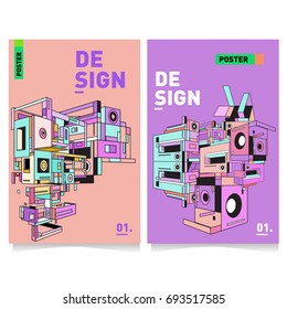 Flat color covers set. Abstract colorful geometric 3d with typography design template. Trendy poster design and colorful theme. 