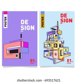 Flat color covers set. Abstract colorful geometric 3d with typography design template. Trendy poster design and colorful theme. 