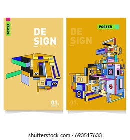 Flat color covers set. Abstract colorful geometric 3d with typography design template. Trendy poster design and colorful theme. 