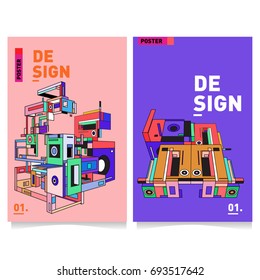 Flat color covers set. Abstract colorful geometric 3d with typography design template. Trendy poster design and colorful theme. 