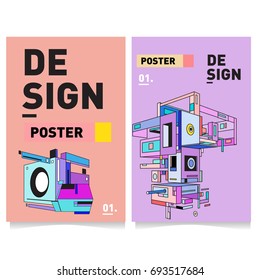 Flat color covers set. Abstract colorful geometric 3d with typography design template. Trendy poster design and colorful theme. 