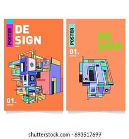 Flat color covers set. Abstract colorful geometric 3d with typography design template. Trendy poster design and colorful theme. 