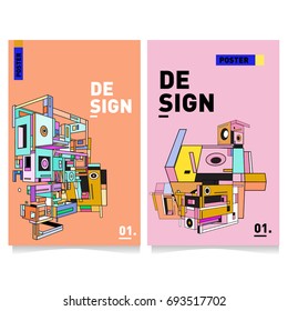 Flat color covers set. Abstract colorful geometric 3d with typography design template. Trendy poster design and colorful theme. 