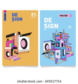 Flat color covers set. Abstract colorful geometric 3d with typography design template. Trendy poster design and colorful theme. 