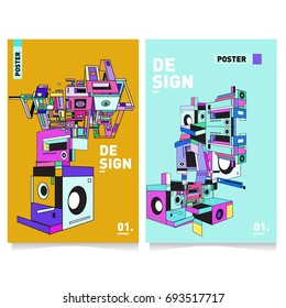 Flat color covers set. Abstract colorful geometric 3d with typography design template. Trendy poster design and colorful theme. 