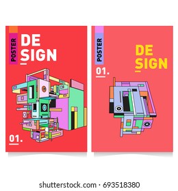 Flat color covers set. Abstract colorful geometric 3d with typography design template. Trendy poster design and colorful theme. 