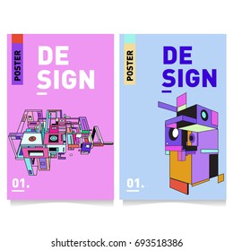 Flat color covers set. Abstract colorful geometric 3d with typography design template. Trendy poster design and colorful theme. 
