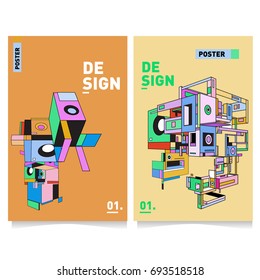 Flat color covers set. Abstract colorful geometric 3d with typography design template. Trendy poster design and colorful theme. 