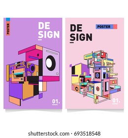 Flat color covers set. Abstract colorful geometric 3d with typography design template. Trendy poster design and colorful theme. 