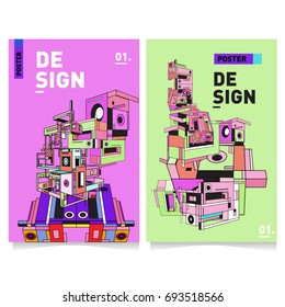 Flat color covers set. Abstract colorful geometric 3d with typography design template. Trendy poster design and colorful theme. 