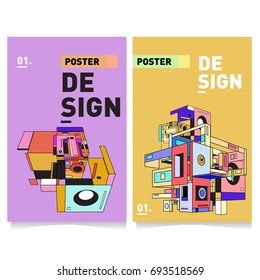 Flat color covers set. Abstract colorful geometric 3d with typography design template. Trendy poster design and colorful theme. 