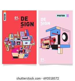 Flat color covers set. Abstract colorful geometric 3d with typography design template. Trendy poster design and colorful theme. 