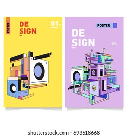 Flat color covers set. Abstract colorful geometric 3d with typography design template. Trendy poster design and colorful theme. 