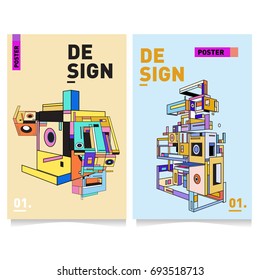 Flat color covers set. Abstract colorful geometric 3d with typography design template. Trendy poster design and colorful theme. 