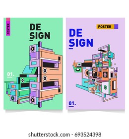 Flat color covers set. Abstract colorful geometric 3d with typography design template. Trendy poster design and colorful theme. 