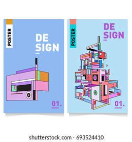 Flat color covers set. Abstract colorful geometric 3d with typography design template. Trendy poster design and colorful theme. 