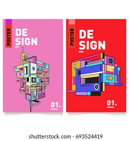 Flat color covers set. Abstract colorful geometric 3d with typography design template. Trendy poster design and colorful theme. 