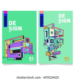 Flat color covers set. Abstract colorful geometric 3d with typography design template. Trendy poster design and colorful theme. 
