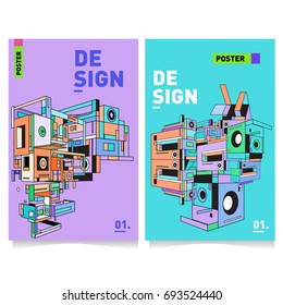 Flat color covers set. Abstract colorful geometric 3d with typography design template. Trendy poster design and colorful theme. 