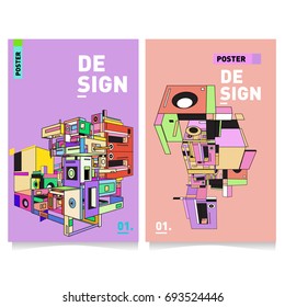 Flat color covers set. Abstract colorful geometric 3d with typography design template. Trendy poster design and colorful theme. 