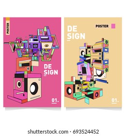 Flat color covers set. Abstract colorful geometric 3d with typography design template. Trendy poster design and colorful theme. 