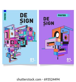 Flat color covers set. Abstract colorful geometric 3d with typography design template. Trendy poster design and colorful theme. 