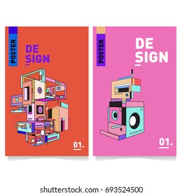 Flat color covers set. Abstract colorful geometric 3d with typography design template. Trendy poster design and colorful theme. 