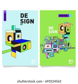 Flat color covers set. Abstract colorful geometric 3d with typography design template. Trendy poster design and colorful theme. 
