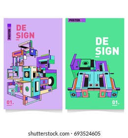 Flat color covers set. Abstract colorful geometric 3d with typography design template. Trendy poster design and colorful theme. 