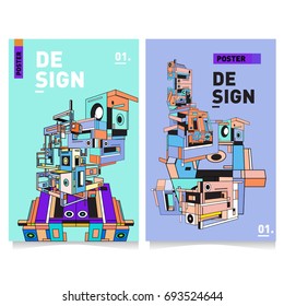Flat color covers set. Abstract colorful geometric 3d with typography design template. Trendy poster design and colorful theme. 