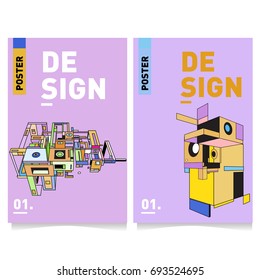 Flat color covers set. Abstract colorful geometric 3d with typography design template. Trendy poster design and colorful theme. 