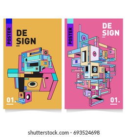 Flat color covers set. Abstract colorful geometric 3d with typography design template. Trendy poster design and colorful theme. 