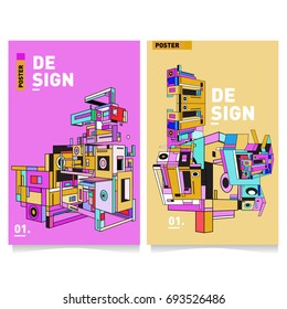 Flat color covers set. Abstract colorful geometric 3d with typography design template. Trendy poster design and colorful theme. 