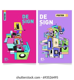 Flat color covers set. Abstract colorful geometric 3d with typography design template. Trendy poster design and colorful theme. 