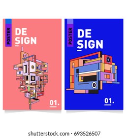 Flat color covers set. Abstract colorful geometric 3d with typography design template. Trendy poster design and colorful theme. 