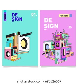 Flat color covers set. Abstract colorful geometric 3d with typography design template. Trendy poster design and colorful theme. 