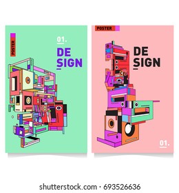 Flat color covers set. Abstract colorful geometric 3d with typography design template. Trendy poster design and colorful theme. 