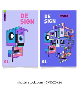 Flat color covers set. Abstract colorful geometric 3d with typography design template. Trendy poster design and colorful theme. 